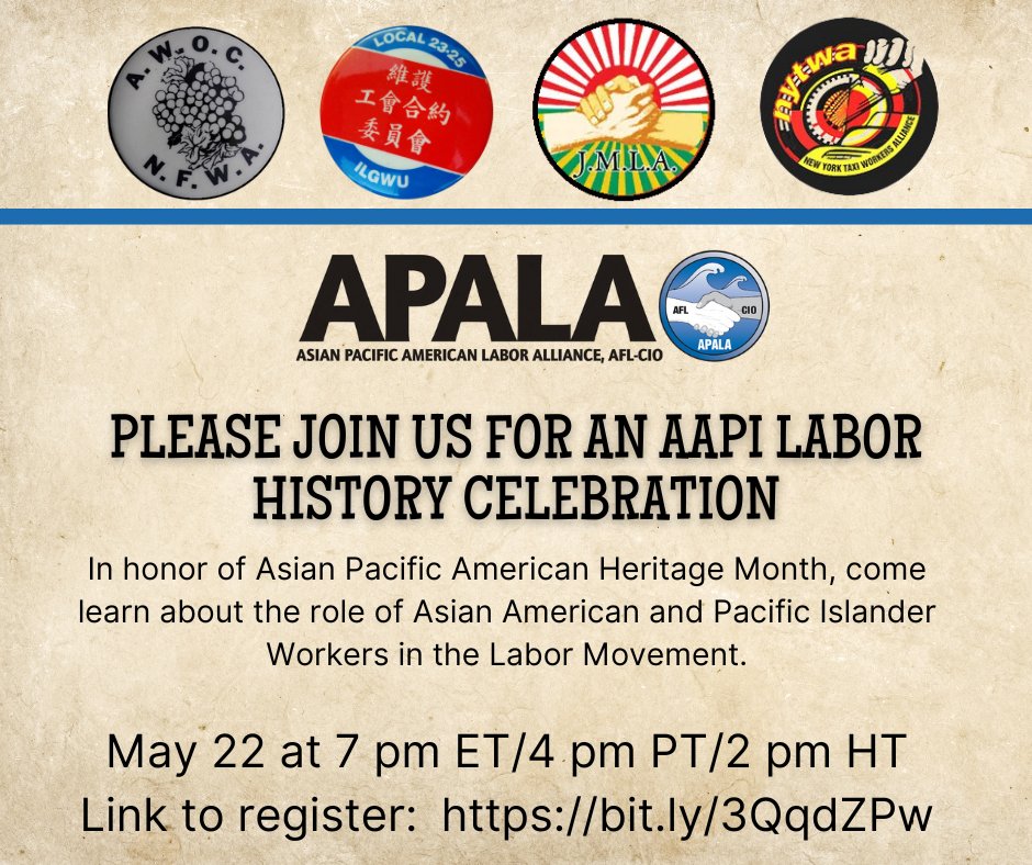 Celebrate #APAHM & AAPI Labor History on May 22nd with @APALAnational!
Many CIWO leaders are APALA leaders: President Ligaya Domingo (CIWO Racial Justice Fellow) & National Executive Board members @KasiFarrar (CIWO), Kim Dinh & @Rateeluck (@WeLeadLabor Emerging & Exec. Leaders)⬇️