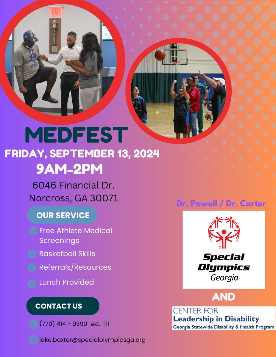 Special Olympics Georgia's next Medfest will be on Friday, September 13th! Please plan to attend! From 9:00am-2:00pm, visit our Norcross office and receive free medical screenings, basketball skills, and more! #SpecialOlympicsGeorgia #Medfest2024 #SaveTheDate #HealthyAthletes