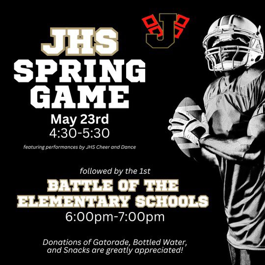 Join us on May 23rd for the Jonesboro High School Football Spring Game at 4:30pm, followed by the exciting Battle of the Elementary Teams at 6:00pm. We kindly request donations of Gatorades, water bottles, and snacks. Your generosity is greatly appreciated!#canespirit#caneFB