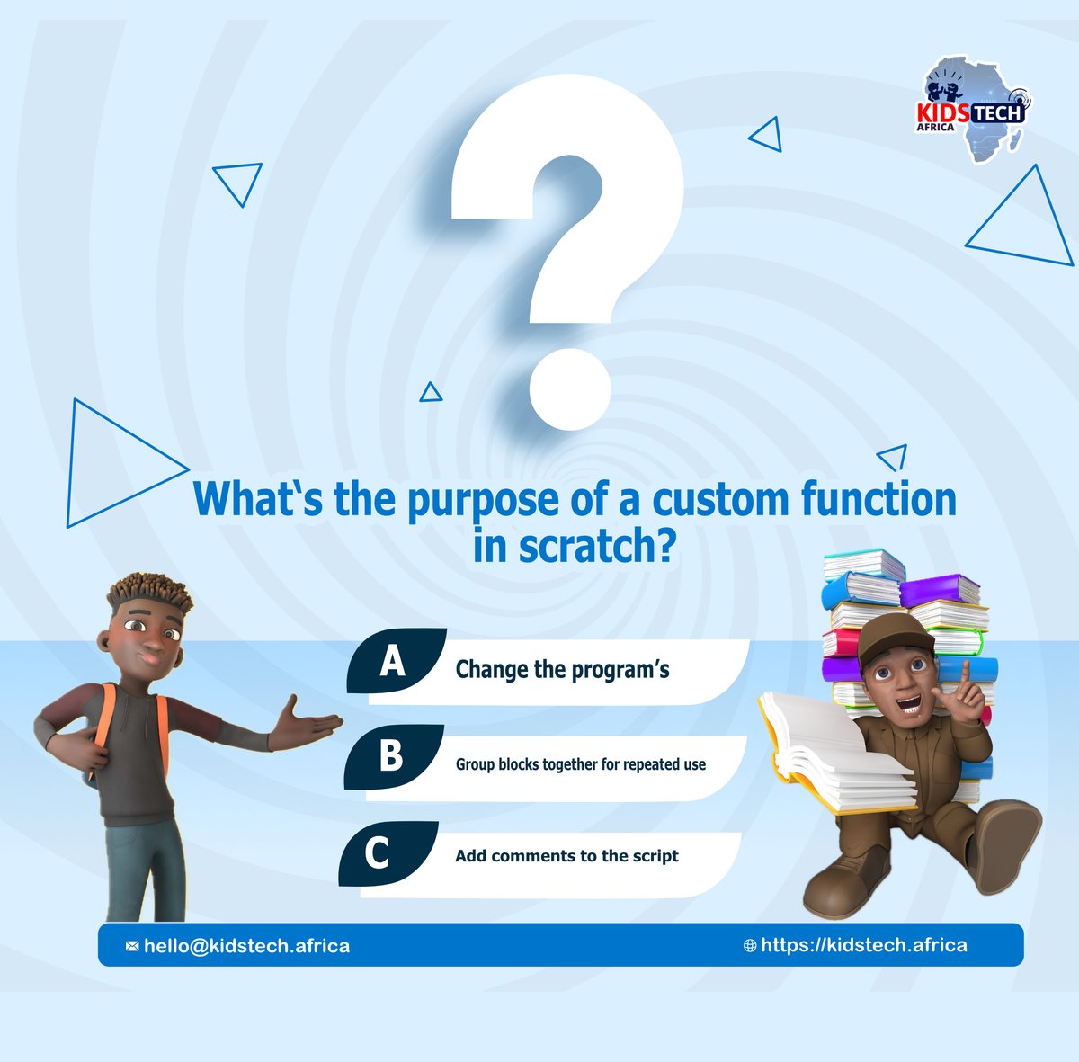 Here's another episode of our thursday trivia😊😃

What's the purpose of a custom function in Scratch?

Who's going first???💪🔥
#thursdaytrivia #scratch #kidstech