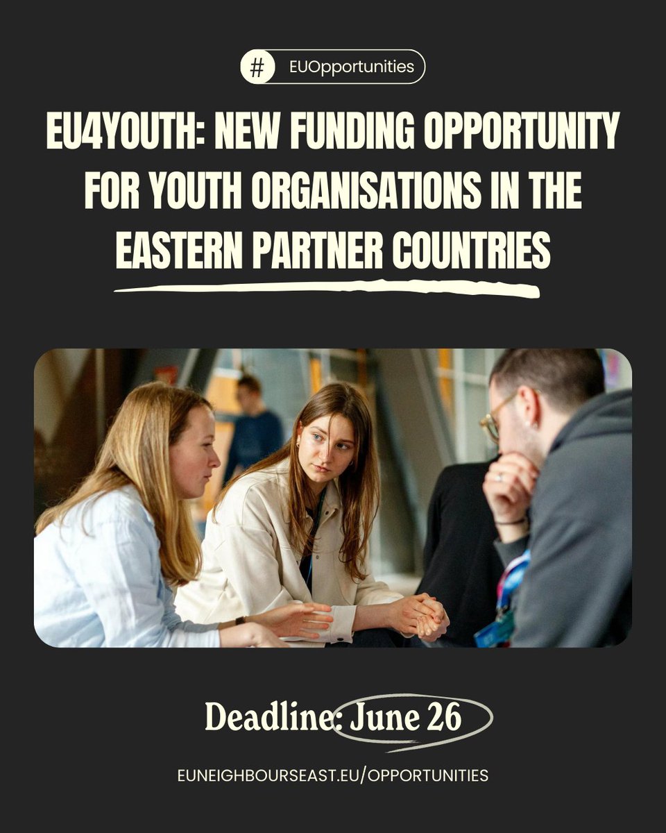 🇪🇺 The EU-funded #EU4Youth: Youth Engagement and Empowerment project launched a grant competition for youth organisations in 🇦🇲, 🇬🇪, 🇲🇩, & 🇺🇦. Projects should focus on areas such as climate change, youth inclusion, & enhancing youth participation ➡️ bit.ly/450Vh7z