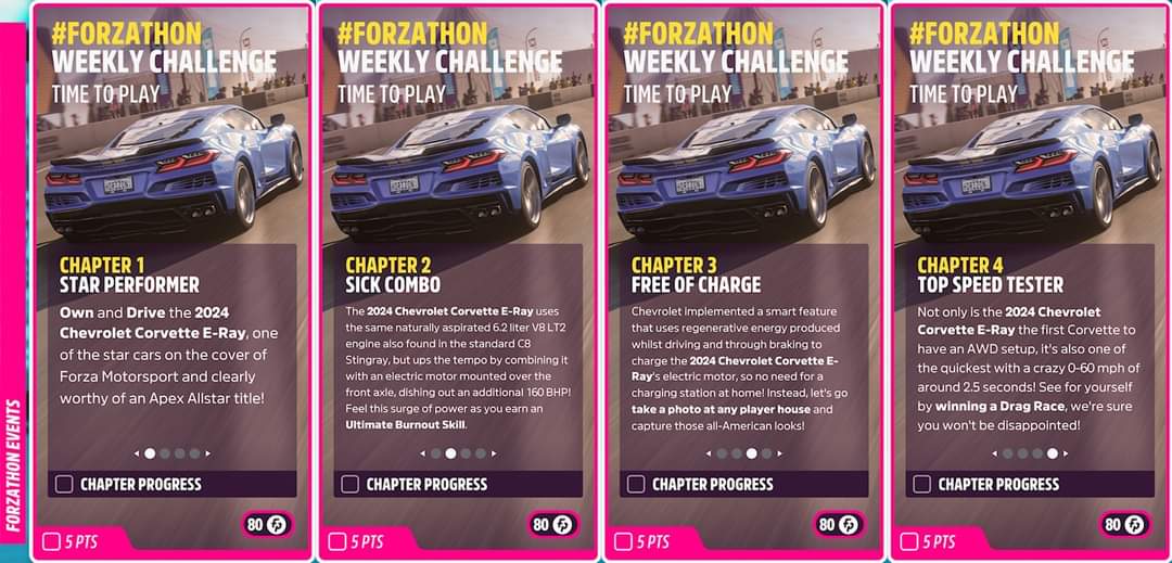 Series 33 - Spring (Forzathon Weekly) This week, we're driving the apex electrified 2024 Corvette E-Ray, which combines a hybrid powertrain to product 650hp and take it from 0-60mph in just 2.5 seconds! The tasks are as follows: 1️⃣ - Own & Drive 2️⃣ - Earn an Ultimate Burnout