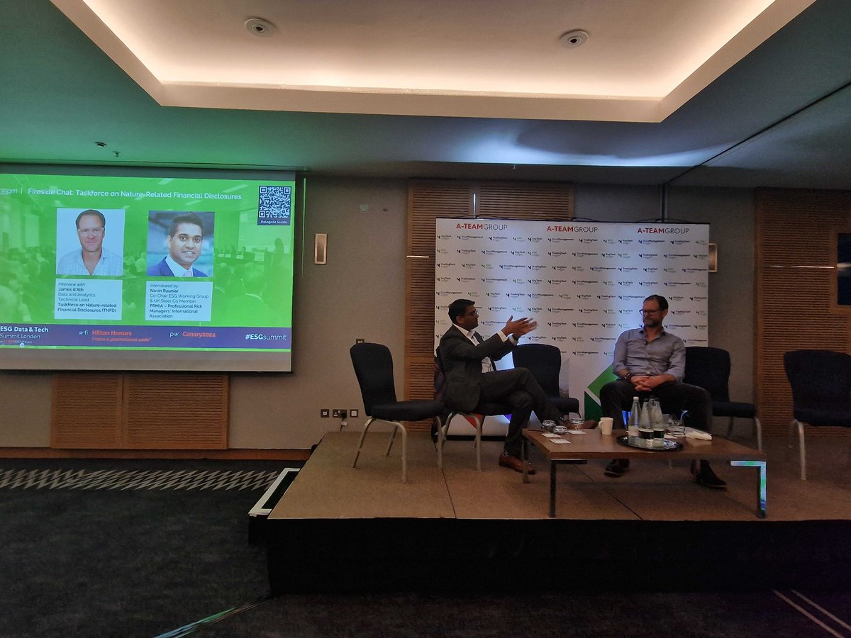 After our afternoon break, we're excited to welcome Navin Rauniar, Co-Chair ESG Working Group &amp; UK Steer Co Member, @prmia  to interview James d’Ath, Data and Analytics Technical Lead,  for a fireside chat.

#ESGSummit #ESG #TNFD #nature #financialdisclosures