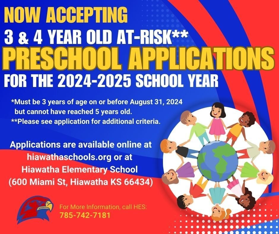 If you  are interested in joining our Preschool for the upcoming school year, please fill out our application or call the HES office at (785) 742-7181. 🔴🔵 #HESRedHawks #USD415 #RedHawkReady #Hiawathaks #HiawathaKansas #VisitHiawatha 🔴🔵