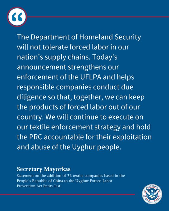 Statement on the addition of 26 PRC-Based Textile Companies to the UFLPA Entity List 