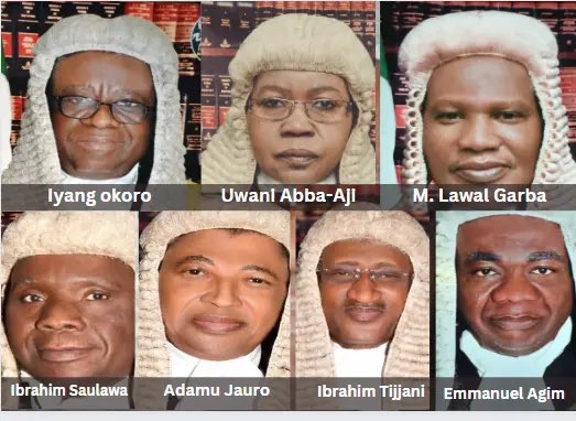 Faces of the Seven Supreme Court Justices who upheld TInubu’s sham election victory while ignoring all the atrocities of Bola Tinubu against the constitution of the Federal Republic of Nigeria.

The Judgements at the Supreme Court which legalized the illegalities of Tinubu and