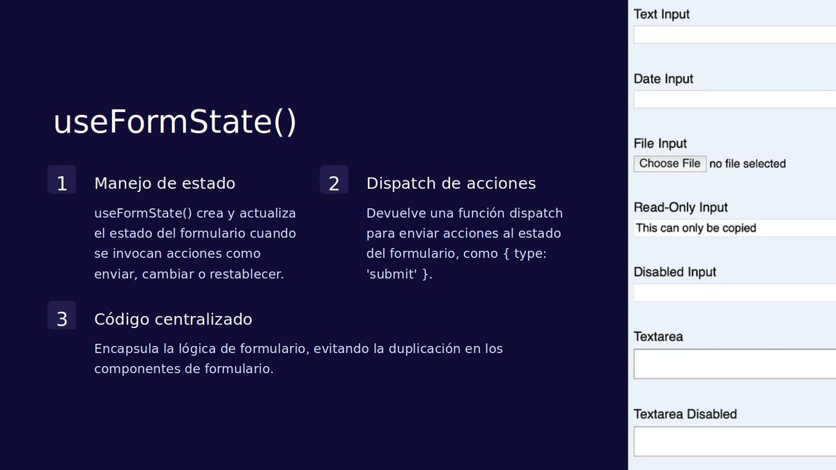 guille_code_'s tweet photo. 🚀  Nuevos Hooks en React 19 🚀 

1. use()
2. useFormStatus()
3. useFormState()
4. useOptimistic()

¿Los has usado? https://t.co/zVOsV1qM7O