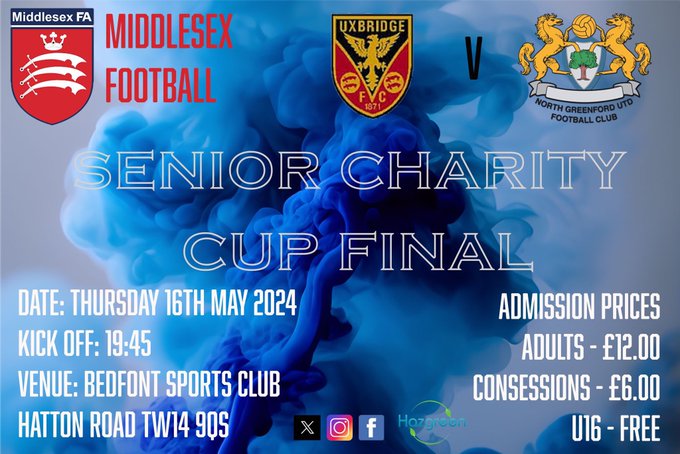 The last event of Middlesex Day 2024 is rather special. It's the @MiddxFA Senior Charity Cup Final between, as it so happens, my home town club Uxbridge @uxfc_redarmy v @NGUfootballclub another fine community club from Greenford. It's being played @BSFC_Official kick off 7.45.