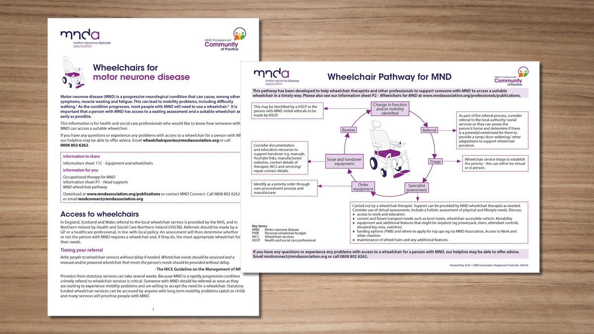 We've revised our wheelchairs information sheet and pathway for professionals! These aim to support HSCPs to provide timely access to appropriate wheelchairs for people with #MND. Download at mndassociation.org/publications, or email mndconnect@mndassociation.org for hard copies.