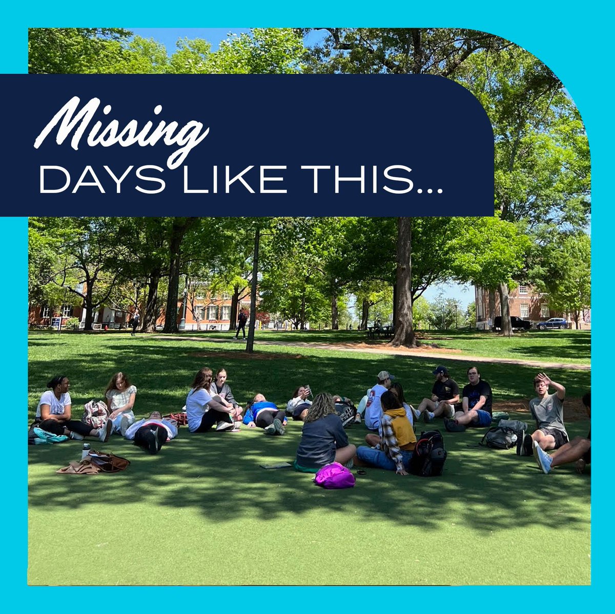 All is quiet around here. We are missing days like this. Shown was the honors section of SPCH 102 spending 10 minutes of quiet reflection in the Grove to mentally plan out the structure of their speeches.