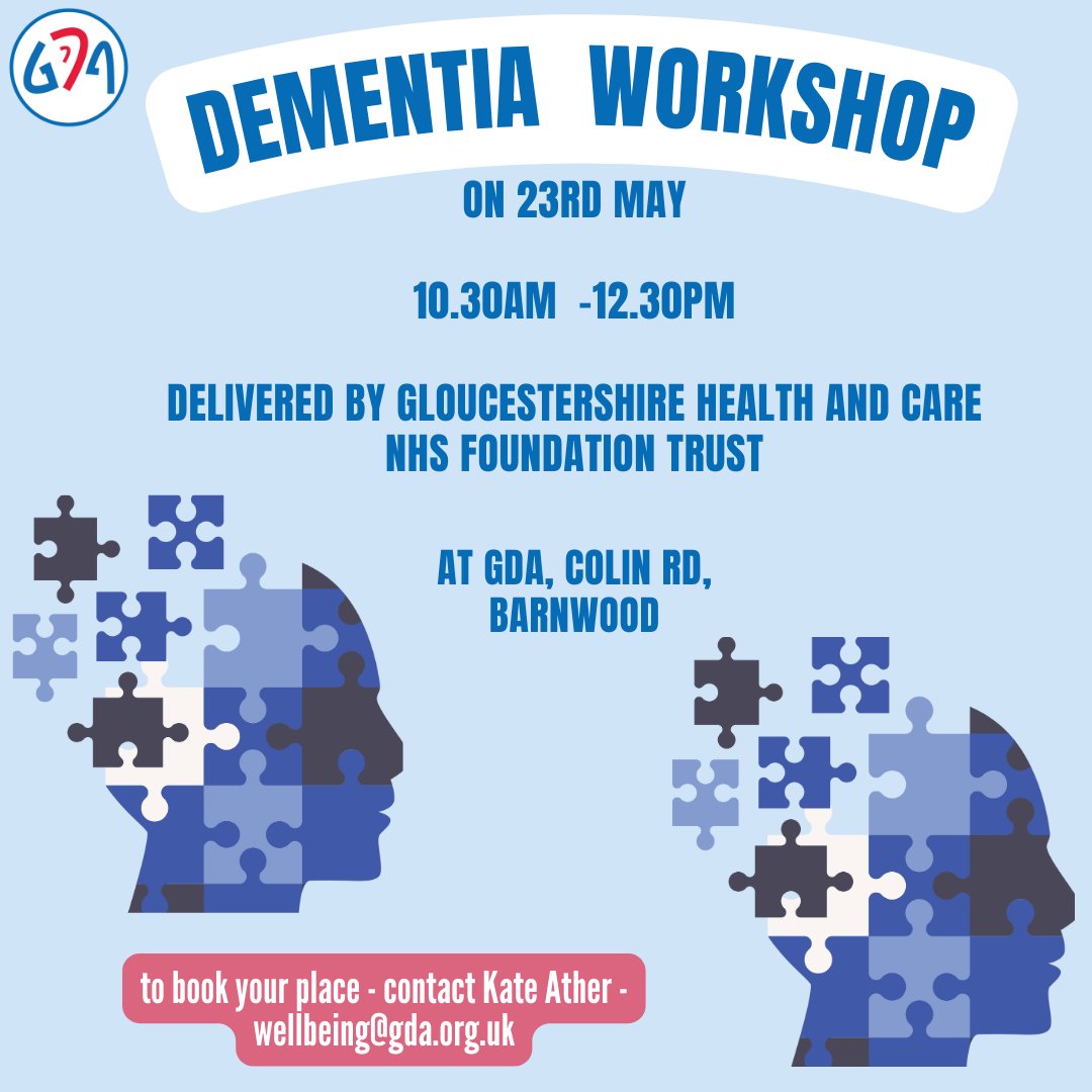 Come along to our Dementia Workshop on 23rd May - delivered by Gloucestershire Health and Care NHS Foundation Trust.  Please share - to book your place, contact Kate Ather - wellbeing@gda.org.uk 

#deaf #hardofhearing #dementia #gloucestershire