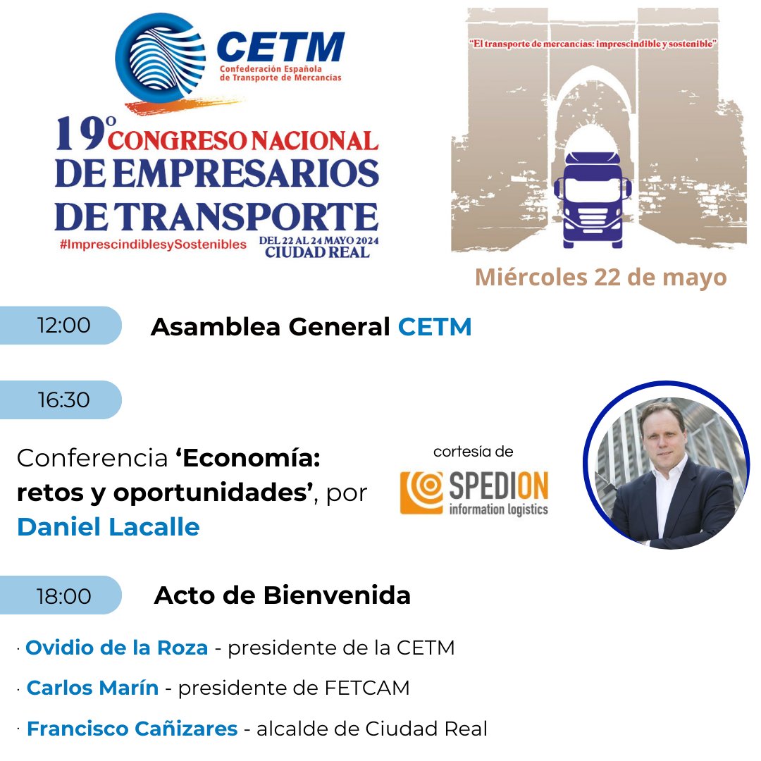El #19CongresoCETM dará comienzo próximo el miércoles 22 de mayo y esto es lo que nos espera durante la primera jornada. 👇 

Uno de los momentos más esperados es la conferencia de <a href="/dlacalle/">Daniel Lacalle</a>, por cortesía de <a href="/spedionapp/">SPEDION APP</a>. 

¡¡ÚLTIMAS INSCRIPCIONES!! ➡️ cetm.online/congresos/2024…
