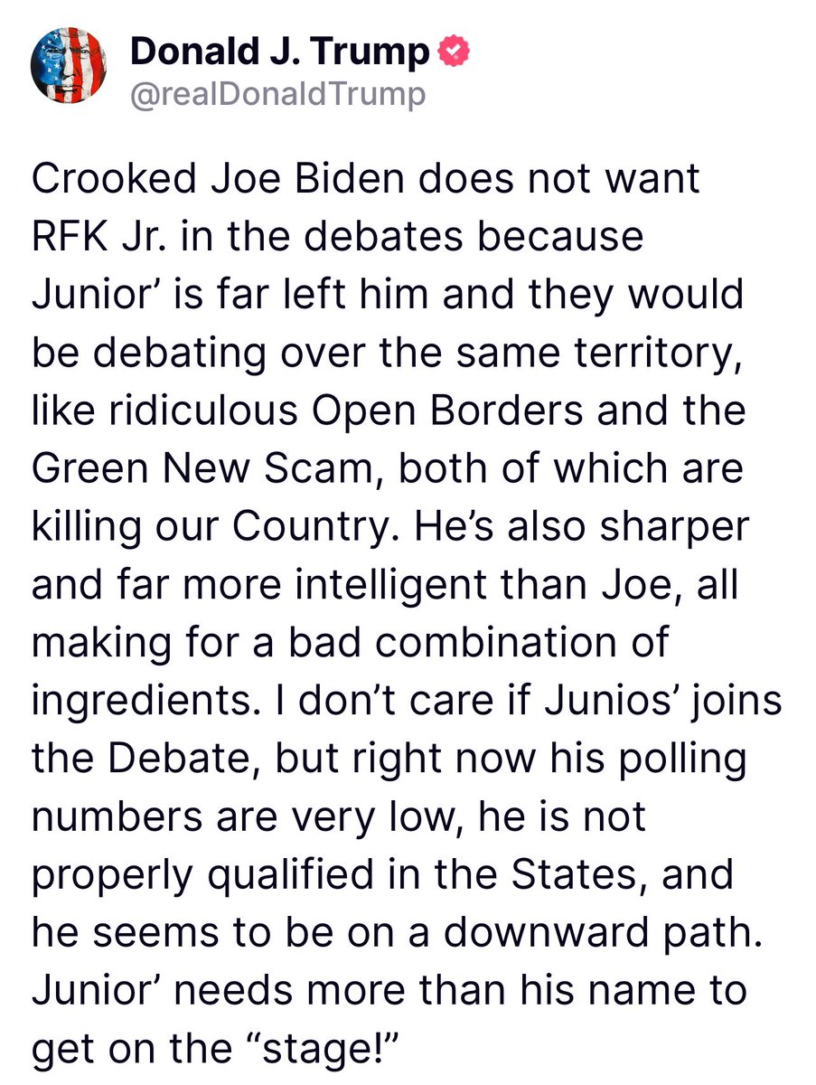 Crooked Joe Biden does not want RFK Jr. in the debates because Junior’ is far left him and they would be debating over the same territory, like ridiculous Open Borders and the Green New Scam, both of which are killing our Country. He’s also sharper and far more intelligent than