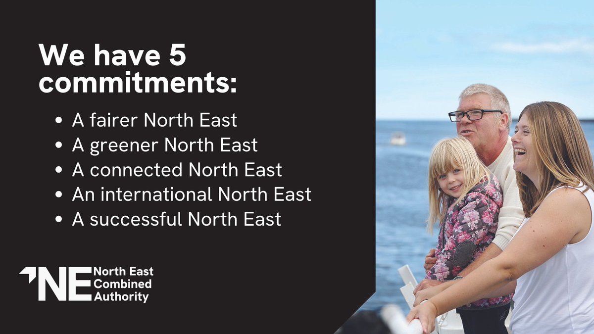 Our purpose is to champion the full potential of our region so that the North East is recognised as an outstanding place to live, work, visit and invest. We have 5 commitments to create a fairer, greener, connected, international and successful #NorthEast! #NorthEastCA