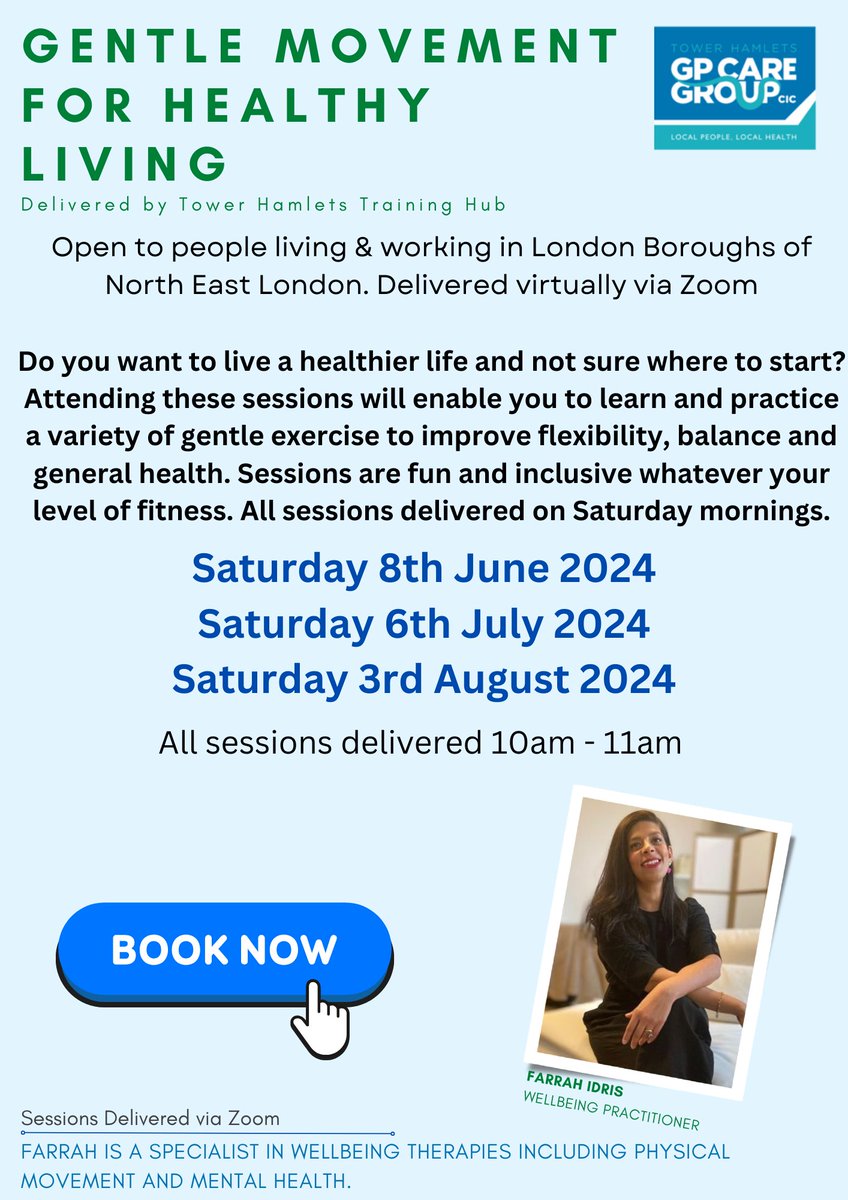 Tower Hamlets CEPN aka 'Training Hub' (@thcepn) on Twitter photo Delighted to launch our 'Gentle Movement for Healthy Living' programme. Join <a href="/Farrah_Idris/">Farrah Idris</a> from home on a Saturday morning practicing gentle movement &exercise. Open to those living & working across North East London. Funded by <a href="/THGPCareGroup/">Tower Hamlets GP Care Group</a> Booking link: rb.gy/1ay4cm Delighted to launch our 'Gentle Movement for Healthy Living' programme. Join <a href="/Farrah_Idris/">Farrah Idris</a> from home on a Saturday morning practicing gentle movement &exercise. Open to those living & working across North East London. Funded by <a href="/THGPCareGroup/">Tower Hamlets GP Care Group</a> Booking link: rb.gy/1ay4cm