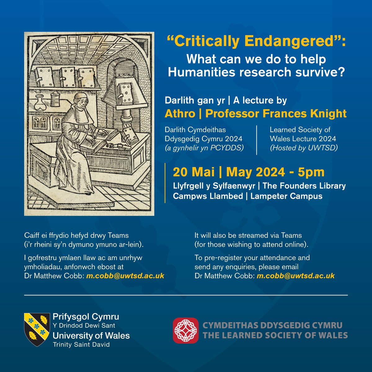 🗓️20 Mai | May 'Critically endangered': What can we do to help Humanities research survive? @UWTSD Mae’r digwyddiad am ddim ac ar agor i bawb. Cefnogir gan y Gymdeithas Ddysgedig Cymru --- The event is free of charge and open to all. Supported by the Learned Society of Wales