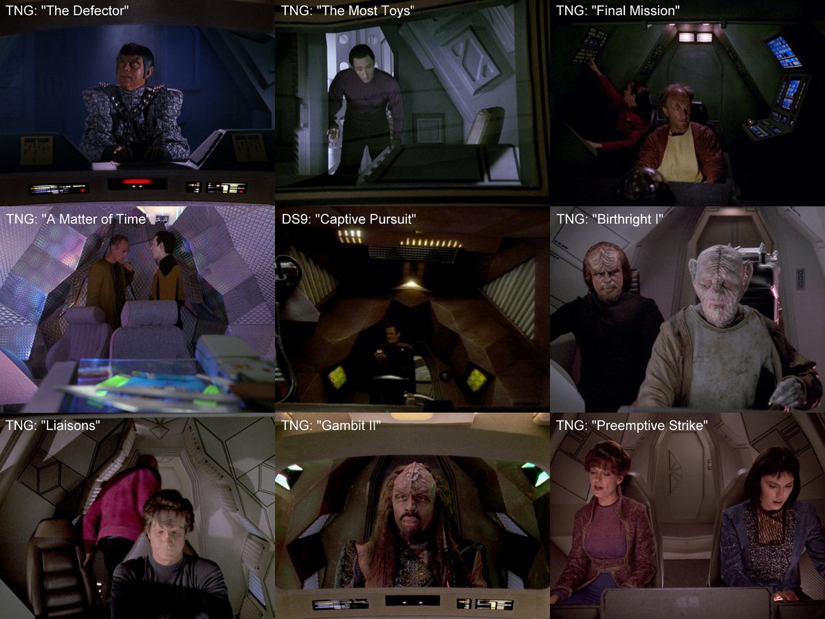 This shot shows all 9 redresses of the Nenebek cockpit, often seen as various alien shuttles on #StarTrekTNG and once on #StarTrekDS9. As can be seen, parts of the set already existed before 'Final Mission'.