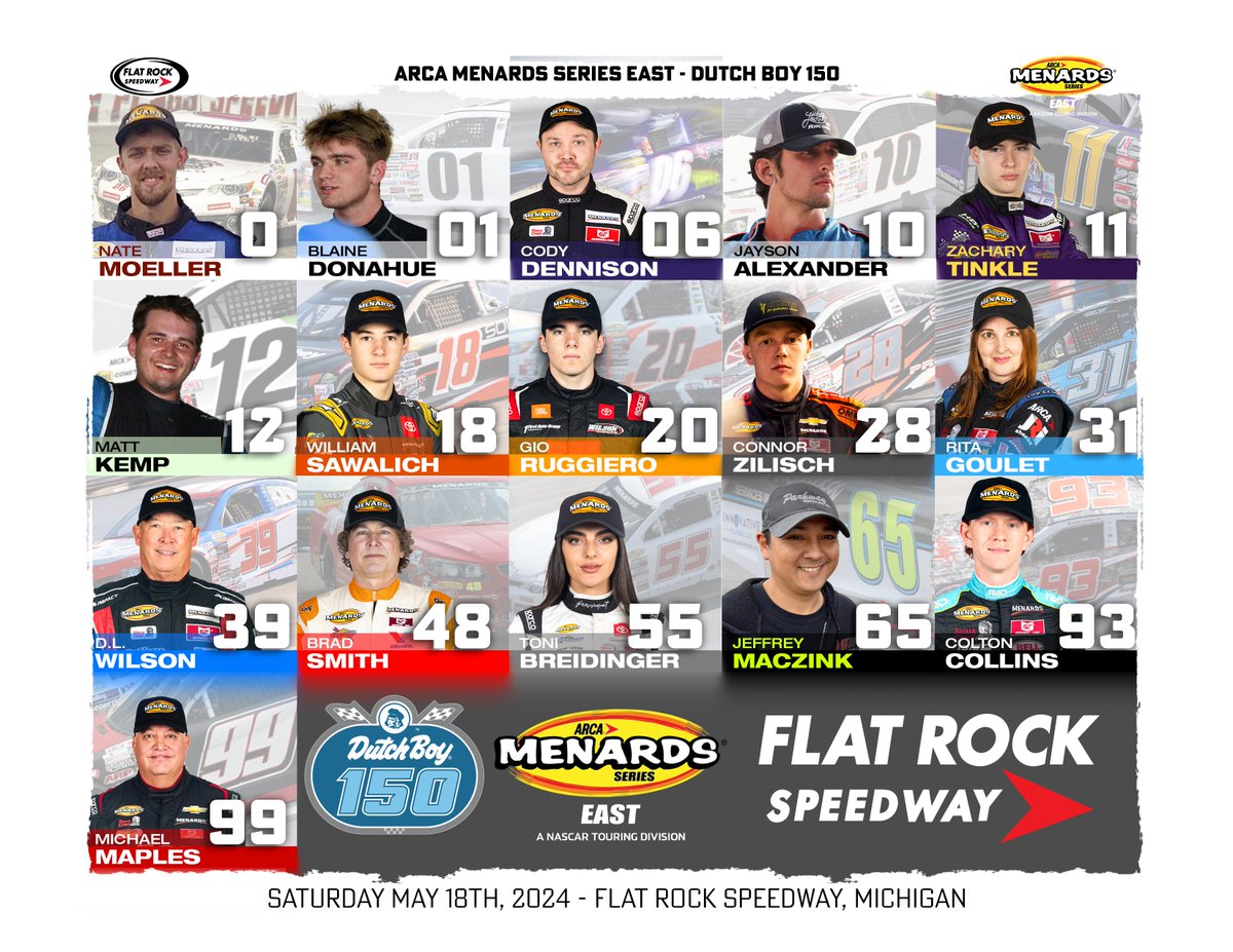 Your entry list for the 58th ARCA Menards Series platform race at Flat Rock Speedway.

#DutchBoy150 | <a href="/ARCA_Racing/">ARCA Menards Series</a> 

🎟️ - flatrockspeedway.com/tickets/36/buy