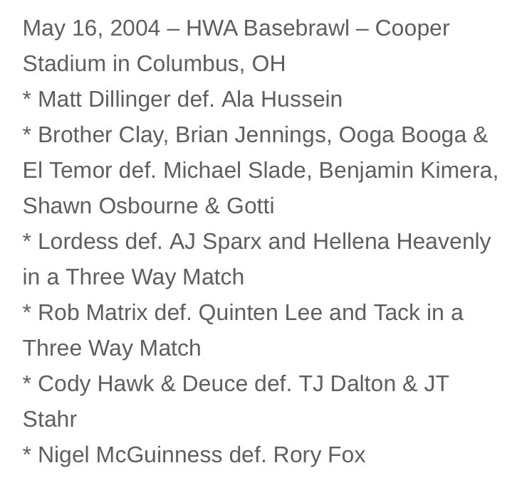 Today in @HWAOnline history

2004 - HWA Basebrawl in Columbus, OH w/ a main event of @McGuinnessNigel vs @roryfox_ 

Plus @buffalobadboy12 @Quinten_Lee @CodyFnHawk @RealLAKnight @JeffCarpenterH8, Shawn Osbourne, Benjamin Kimera, AJ Sparx, Hellena Heavenly & more!

Full results: