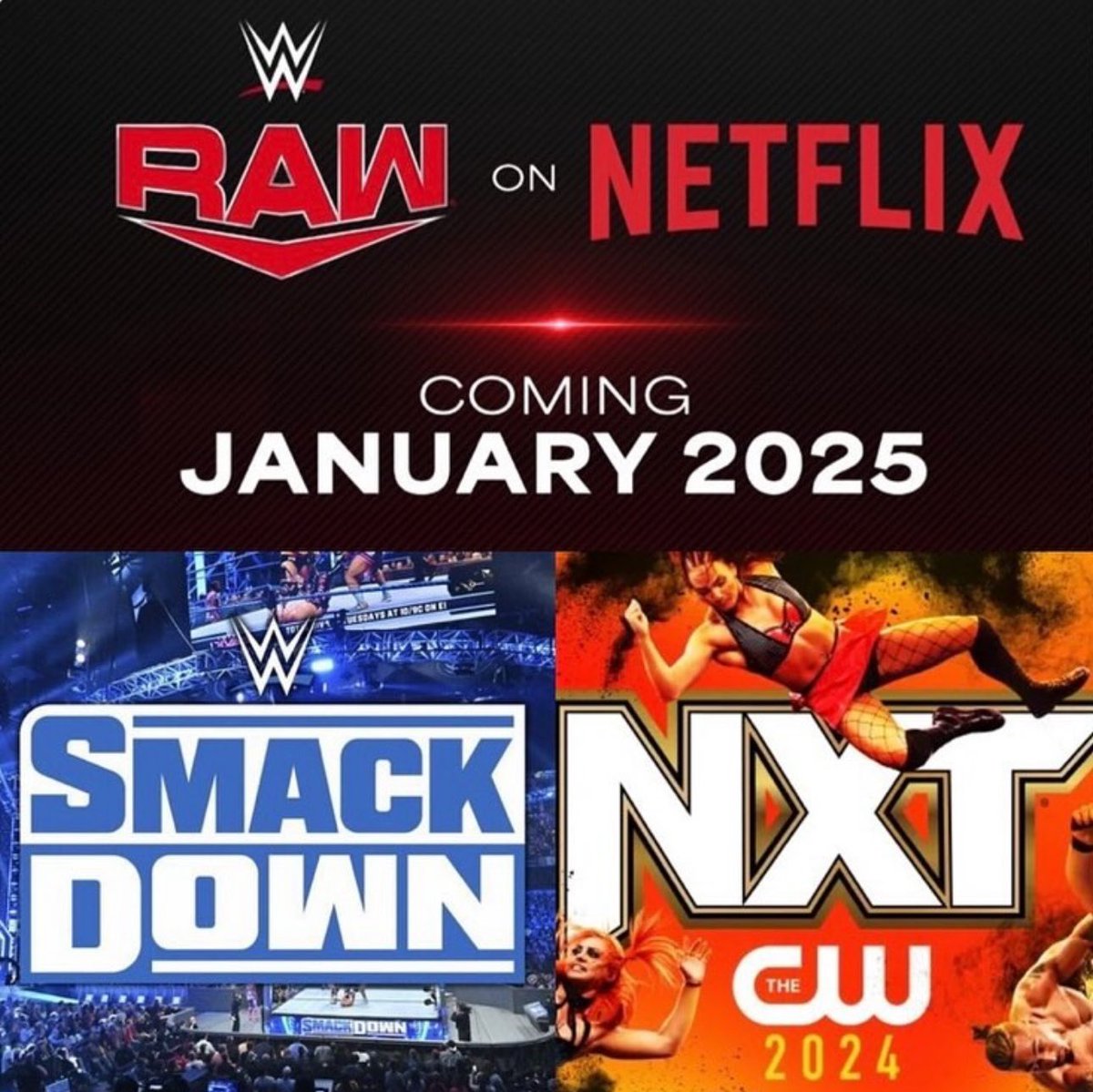 All 3 of WWE’s shows are officially confirmed to remain on the same days once they’ve moved to their respective homes: Monday: #WWERAW on Netflix (Jan 2025) Tuesday: #WWENXT on The CW (Oct 2024) Friday: #SmackDown on USA (Sep 2024)
