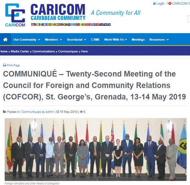 #UnDiaComoHoy CARICOM reiteran apoyo a Guyana sobre el Esequibo #16May 2019. Comunicado firmado por Antigua y Barbuda, Bahamas, Barbados, Belice, Guyana, Jamaica, St. Kitts y Nevis, Sta Lucía, San Vicente y las Granadinas, Trinidad y Tobago, Dominica, Haití, Surinam y Grenada.