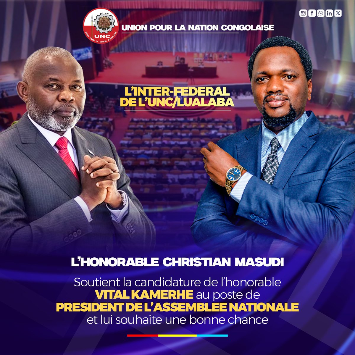 #RDC: #Assemblée #Nationale 

Le dynamique secrétaire inter-féderal de l'UNC LUALABA l'honorable <a href="/ChristianMasud_/">Christian Masudi</a> soutient la candidature de l'honorable président <a href="/VitalKamerhe1/">Vital Kamerhe</a> à la tête de l'assemblée nationale.

Le temps de remettre la démocratie à l'hémicycle est arrivé !