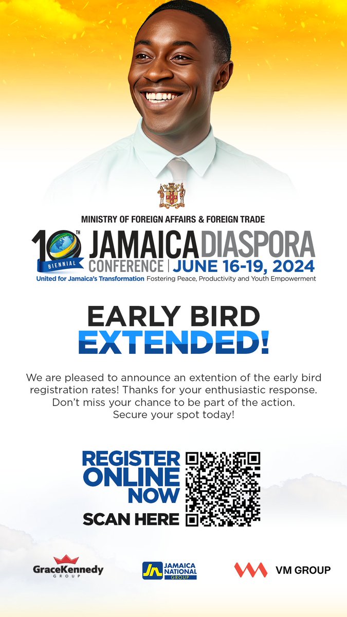 🌟 Exciting News - the #earlybird registration has been extended! This ensures more of our community can enjoy special rates for the #JamaicaDiasporaConference 📅 Date: June16-19 🔗 Register now:  bit.ly/DiasporaConfer… #diasporahomecomingja #jamaicadiaspora