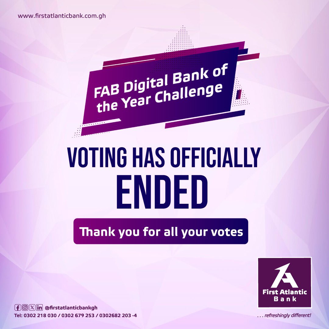 Voting has officially ended. 

Thank you for the immense participation.

@AmeyawDebrah @Naa_Ashorkor @kwadwosheldon 
#FABmydigitalbankchallenge
#RefreshinglyDifferent