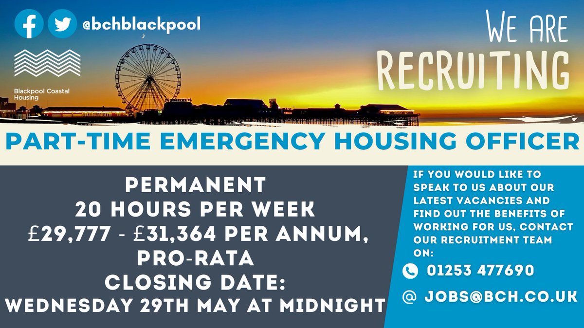 bchblackpool's tweet photo. A part-time, permanent position has become available in our Emergency Housing Team. Interested? For further information, and to apply, visit: 

https://t.co/HFecYsy24V 

#jobsinblackpool #newjob https://t.co/qkTIvX9uUv