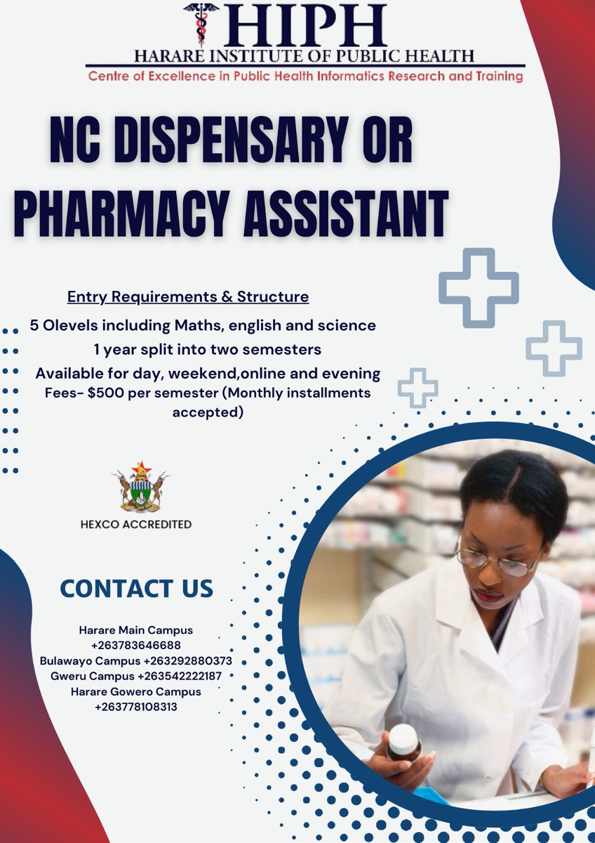 Take the first step towards a rewarding career in healthcare! Enroll in our June intake for dispensary assistant training.

#dispensaryassistant #hiph #applytoday #juneintake2024 #schoolofnursing #schoolofpharmacy #schoolofcommunityhealth #schoolofhealthtechnologies #publichealth