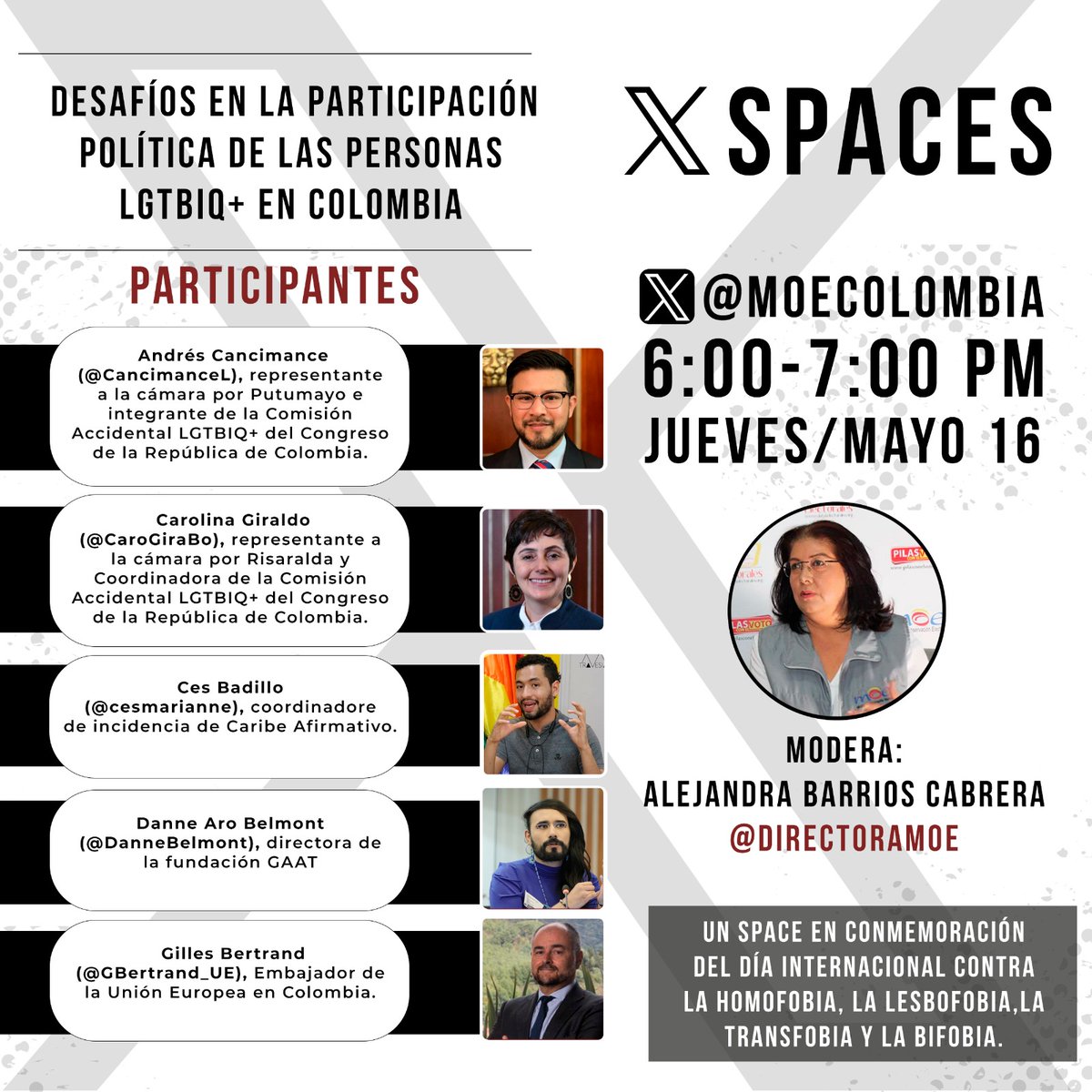 Te invitamos a conectarte hoy a las 6 p. m. para el Spaces con @moecolombia: en el marco del Día contra la Homofobia y la Transfobia, hablaremos sobre la participación política de personas LGBTIQ+, desafíos, retos y avances. #LaPolíticaNoEsPaMachos. 🔗 x.com/i/spaces/1yqkd…