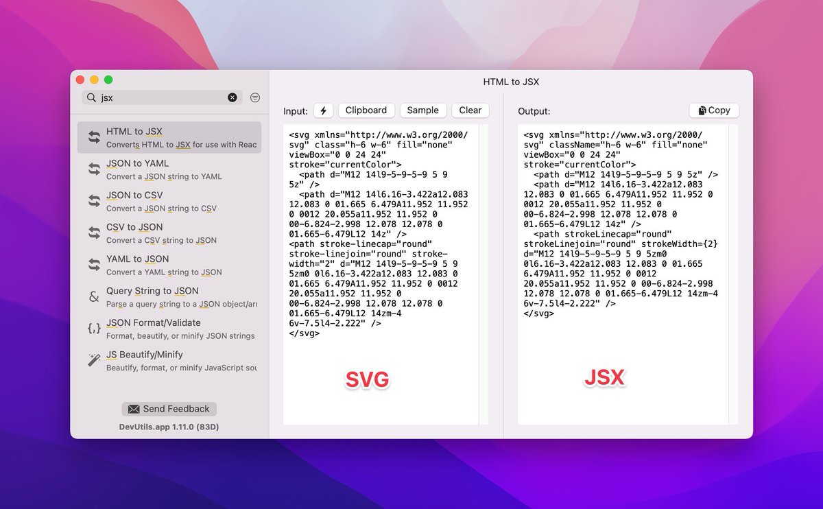 devutils_app's tweet image. You can convert SVG → JSX with the HTML to JSX tool! 😄