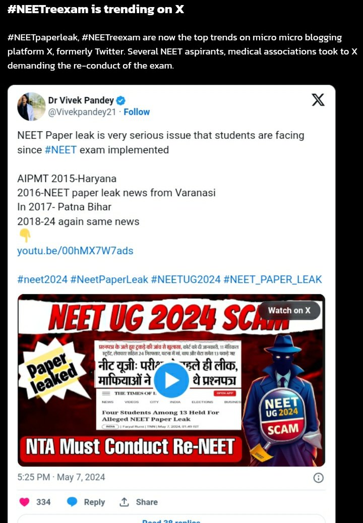 NEET 2024 cheating row 🚨

Several NEET aspirants , medical associations took to demanding the re - conduct of the exam . NEET UG 2024 was earlier held on May 5.

@News9Tweets @PMOIndia

#NEET_PAPER_LEAK #NEETscam #NEET #ReNEET #NEETUG2024