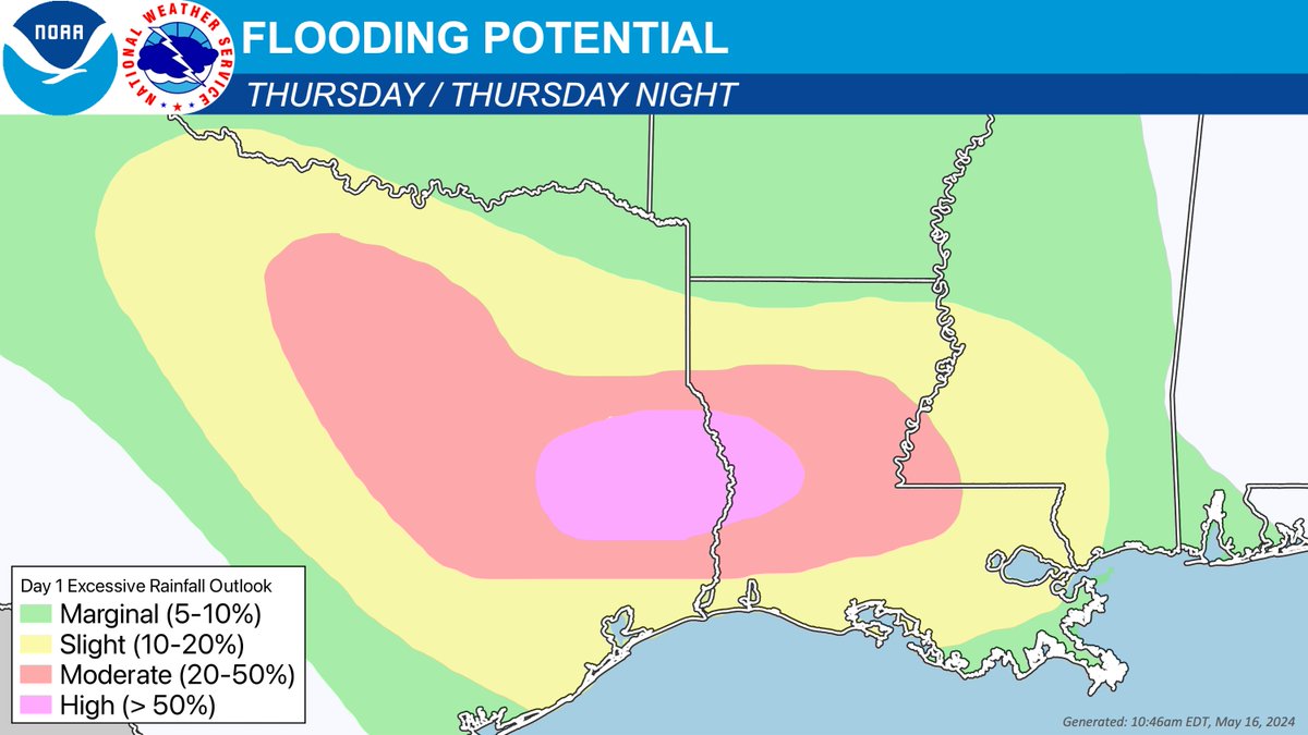 A High Risk (Level 4 of 4) of Excessive Rainfall has been issued for portions of east Texas into western Louisiana today. For weeks, heavy rainfall has fallen across the Gulf coast states so any additional rainfall today will likely lead to life threatening flash flooding.