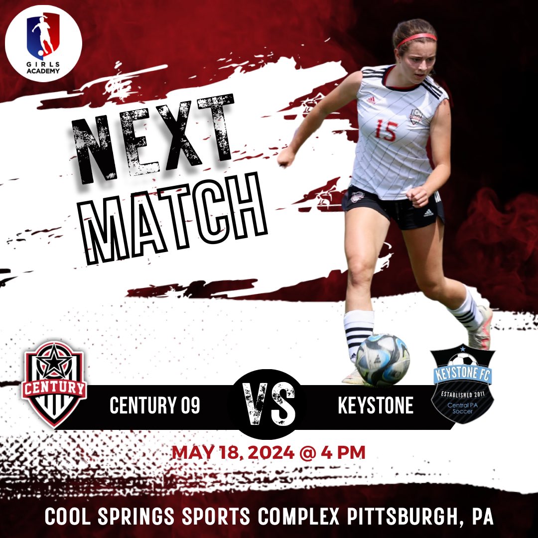Century 09 Girls Academy (@century09ga) on Twitter photo 𝑻𝒘𝒐 𝑯𝑼𝑮𝑬 𝒈𝒂𝒎𝒆𝒔 𝒕𝒉𝒊𝒔 𝒘𝒆𝒆𝒌𝒆𝒏𝒅 𝒕𝒐 𝒇𝒊𝒏𝒊𝒔𝒉 𝒖𝒑 𝒐𝒖𝒓 𝒓𝒆𝒈𝒖𝒍𝒂𝒓 𝒔𝒆𝒂𝒔𝒐𝒏! 💥💥
First order of business⤵️
🗓️ Saturday 5/18
⏰ 4 PM
📍Cool Springs Sports Complex - Pittsburgh, PA
<a href="/Century_Utd/">Century United</a> <a href="/GAcademyLeague/">Girls Academy</a> 𝑻𝒘𝒐 𝑯𝑼𝑮𝑬 𝒈𝒂𝒎𝒆𝒔 𝒕𝒉𝒊𝒔 𝒘𝒆𝒆𝒌𝒆𝒏𝒅 𝒕𝒐 𝒇𝒊𝒏𝒊𝒔𝒉 𝒖𝒑 𝒐𝒖𝒓 𝒓𝒆𝒈𝒖𝒍𝒂𝒓 𝒔𝒆𝒂𝒔𝒐𝒏! 💥💥
First order of business⤵️
🗓️ Saturday 5/18
⏰ 4 PM
📍Cool Springs Sports Complex - Pittsburgh, PA
<a href="/Century_Utd/">Century United</a> <a href="/GAcademyLeague/">Girls Academy</a>