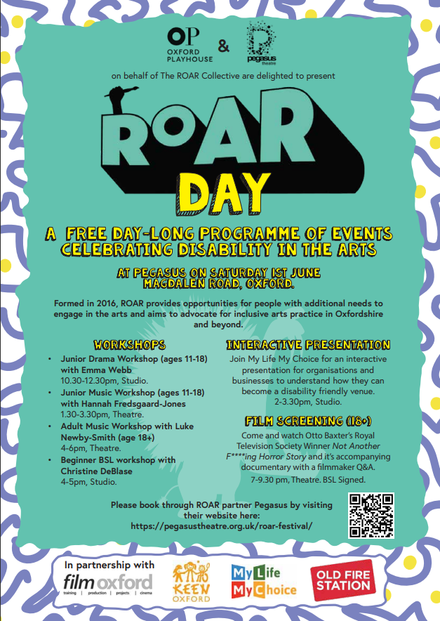 1 June is @roar_festival day. A fantastic free day-long programme of events celebrating disability in the arts at @Pegatweet including drama and music workshops, interactive presentations and a film screening. Book tickets here pegasustheatre.org.uk/roar-festival/ @OxfordPlayhouse #oxford