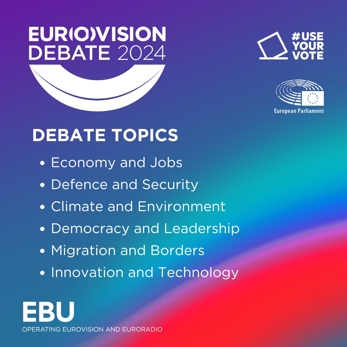 Just announced, the topics at the #EurovisionDebate •Economy & Jobs •Defence & Security •Climate & Environment •Democracy & Leadership •Migration & Borders •Innovation & Technology More: social.ebu.ch/Eurovision-deb… w/ @Europarl_EN #UseYourVote