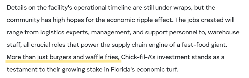 Was reading an article about how @ChickfilA just purchased a warehouse in Weston, FL and will be bringing some distribution operations to South Florida. Noticed this in the @Hoodline article...

Should probably verify their sources on that 'burgers' claim.