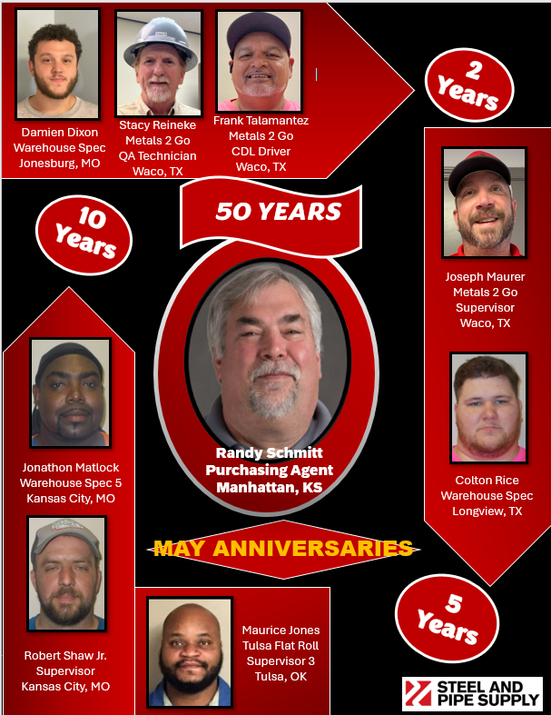 steelandpipe's tweet image. Congratulations to our May Milestone Anniversary Employees. We appreciate you choosing Steel and Pipe Supply as your place of employment. #workaversary #SteelStrong