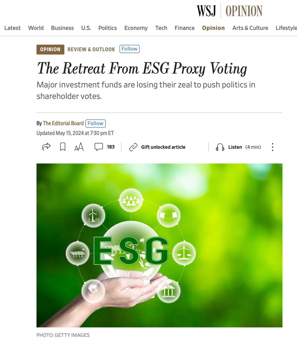 No victory laps on ESG yet: 1. The leftist scam called ESG has been exposed over the past couple years as a violation of antitrust laws. 2. As a result, ESG-ers have retreated to re-think and re-brand so that their activities are not so obviously illegal. 3. Wall Street and