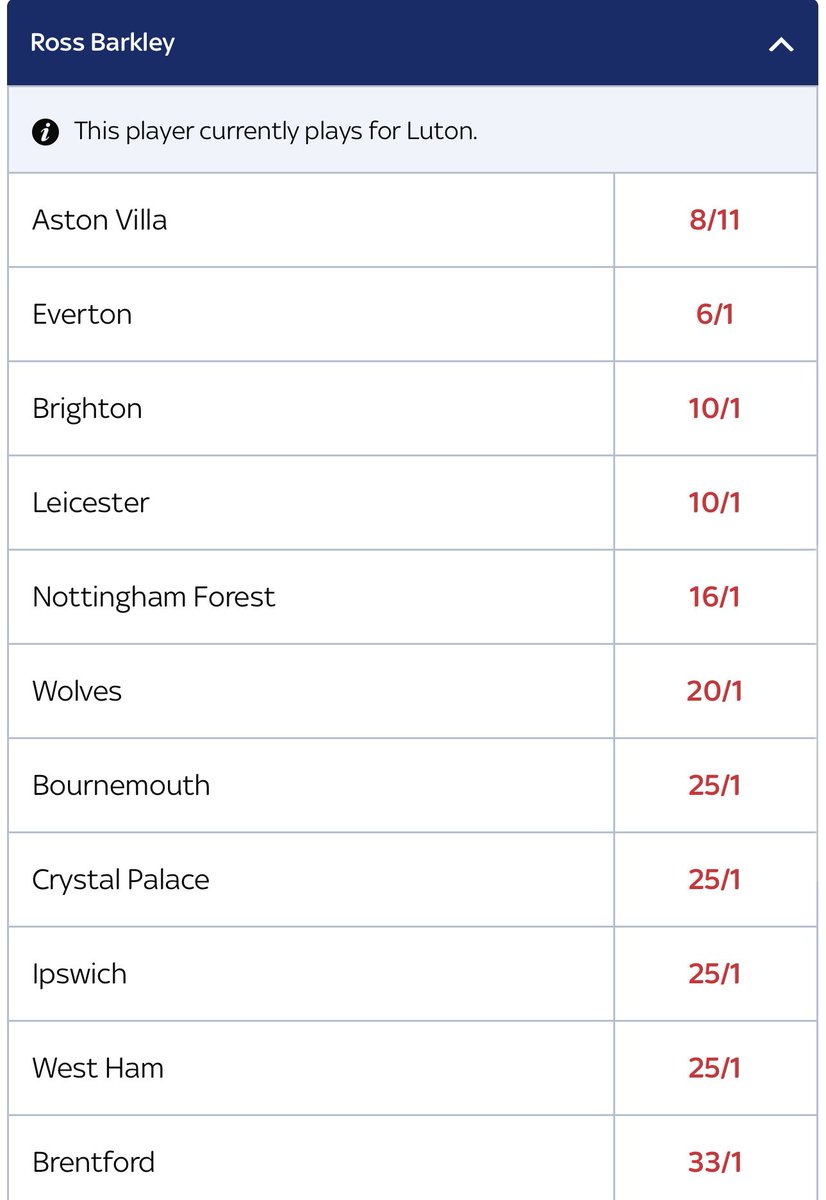 Odds favourites to sign Ross Barkley 
Would you take him back #AVFC