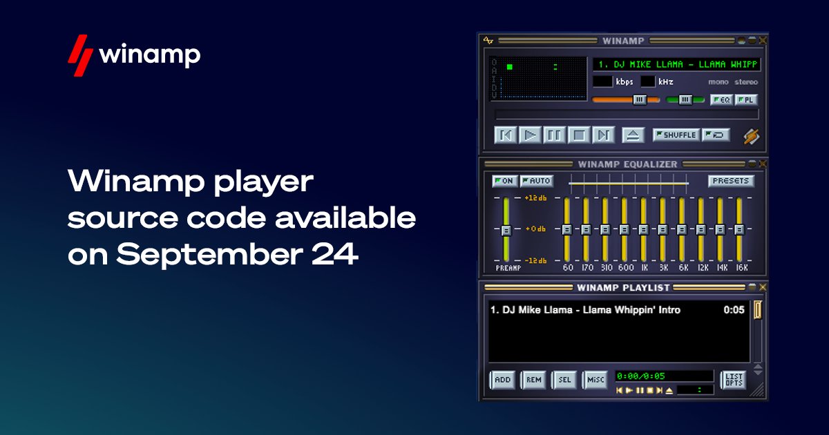 Big news! Winamp's source code will be available on September 24! This release invites developers worldwide to contribute to its evolution to help create the perfect player for Windows users: about.winamp.com/free-llama #winamp #winampplayer #setthetone #winampforcreators