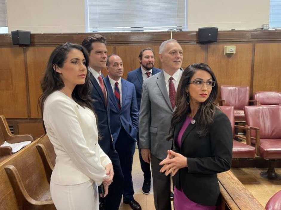 Congress is in session. These people are being paid by taxpayers to sit in a courtroom and show support for a criminal and a fraud. 

This is why the 118th Congress is the least productive in nearly 100 years. They care more about parading in front of cameras and bending the knee