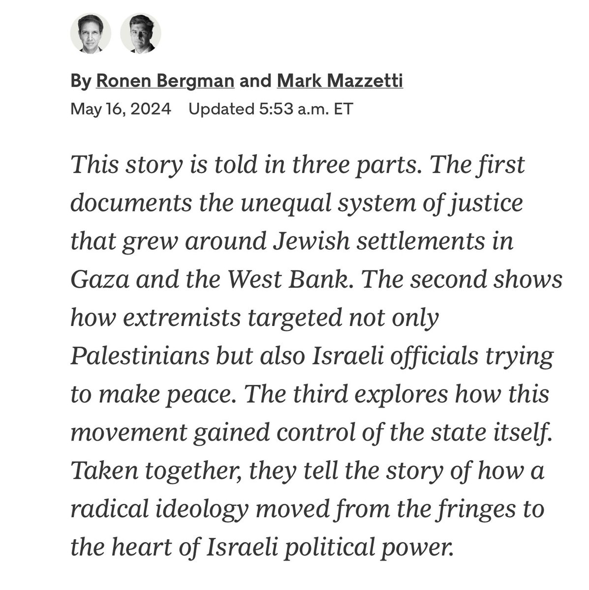 Disturbing deep @nytimes history of how Israel’s radical right-wing religious terrorist fringe led by outlaw West Bank settlers has, over 50 years, moved into the mainstream, wrecked democracy and now taken over the country. The parallels with the U.S. right are chilling. 1/2