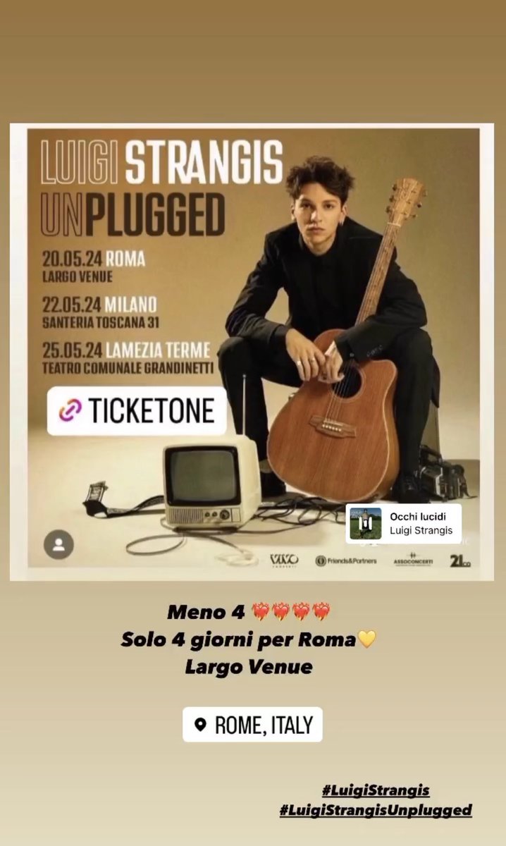 Solo 4 giorni per Roma ❤️‍🔥❤️‍🔥❤️‍🔥❤️‍🔥

#luigistrangisunplugged #live #acustico #roma #milano #lamezia #vivoconcerti #stupidalibertà #adamoedeva #vogliolagonna #musica #concerti #20maggio #22maggio #25maggio #strangis #quelposto #felice 

Strangis non vedo l’ora 🎸💛❤️‍🔥🎹