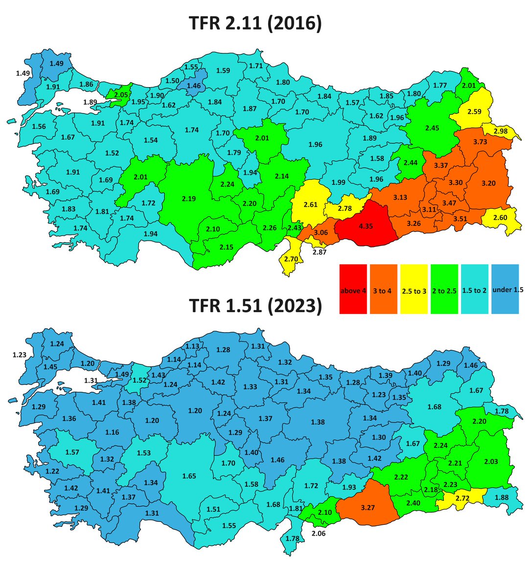 Türkiye'de vilayetlere göre doğurganlık oranlarındaki değişim (2016 vs 2023)