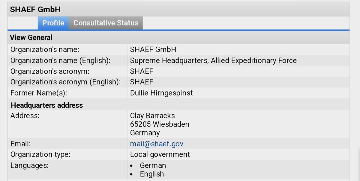 Endlich ganz offiziell!
Die #SHAEF GmbH ist jetzt bei der #UNO eingetragen.
Somit kann kein linkshrünversiffter Systemling mehr behaupten, dass es SHAEF nicht mehr gibt!

esango.un.org/civilsociety/s…