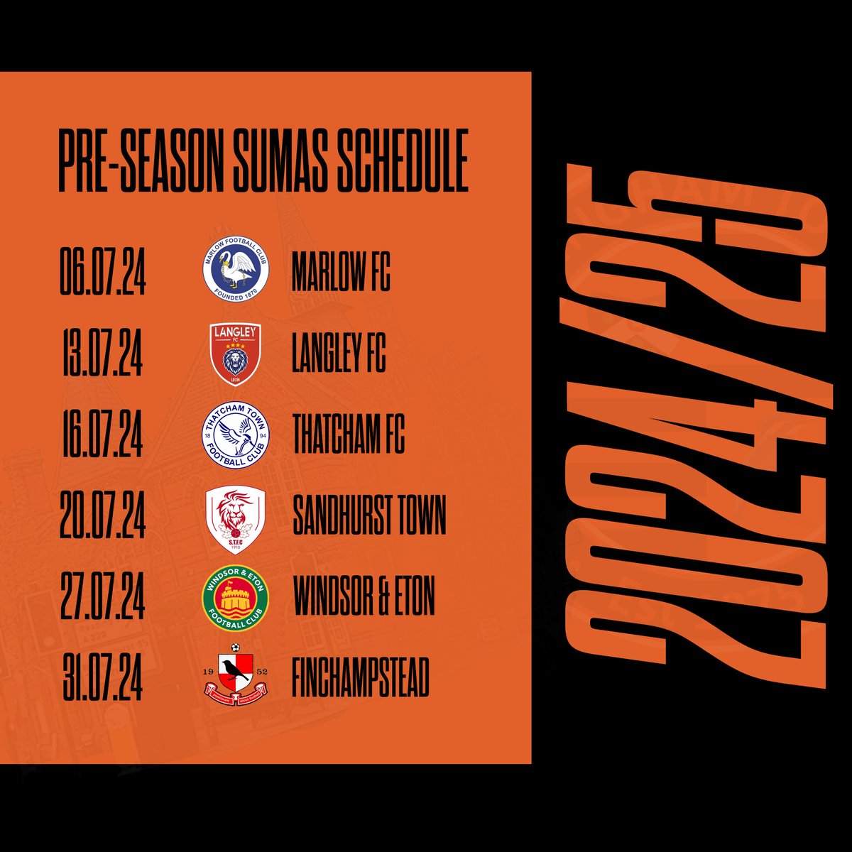 📅PRE-SEASON 2024/25📅

Mark your calendars as we announce our friendly fixtures for our upcoming pre-season.

Contact Darren &amp; Matt for timings and locations on wtfcseniorsquad@yahoo.com.