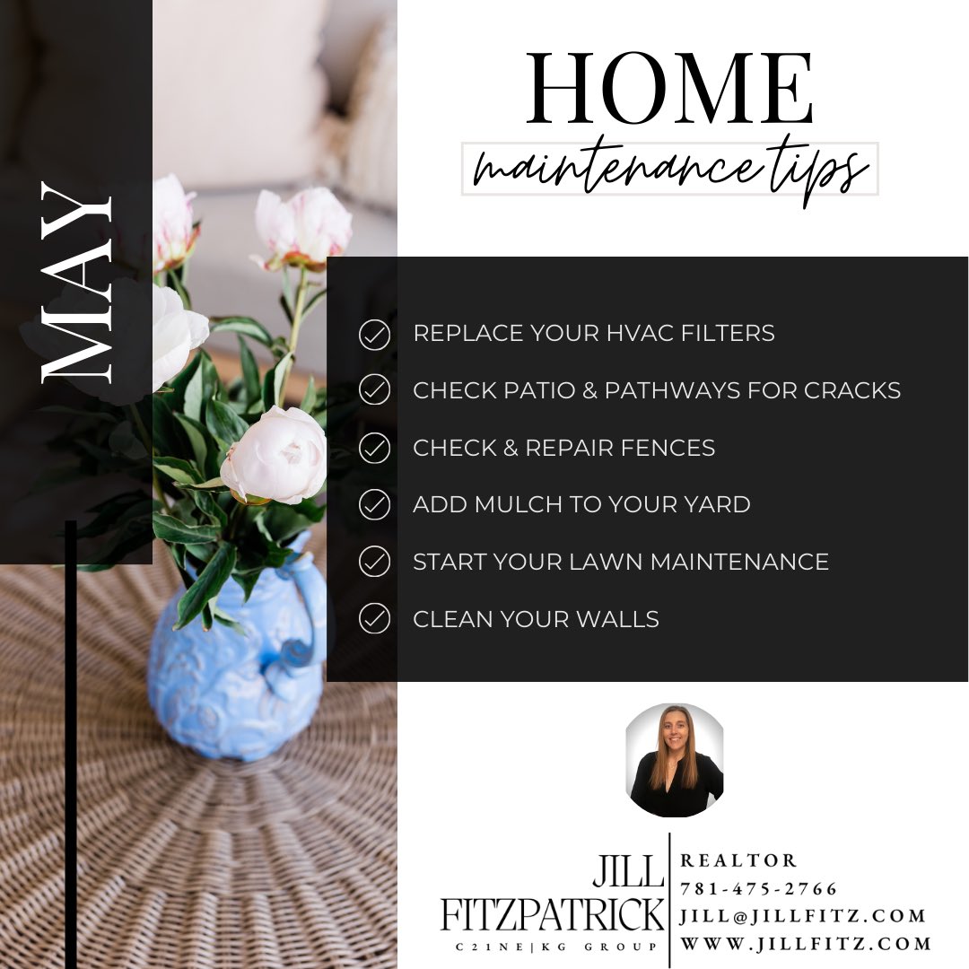 With some sunny-ish days ahead it’s a great time to do your May Home Maintenance!  

#homemaintenance #may #mayhomemaintenance #hometips #realtor #jillfitzrealestate #boston #jillfitzpatrickrealtor #bostonrealtor #bostonrealestate