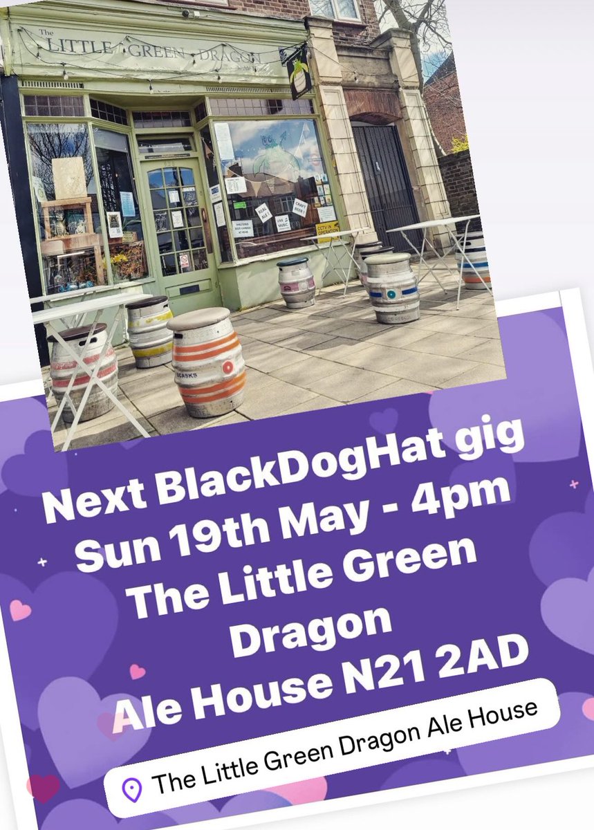 BlackDogHat next gig
The Little Green Dragon
Winchmore Hill. Green lanes
London N21 2AD
@LGD_micropub 
Sunday 19th May from 4pm
#winchmorehill #livemusic